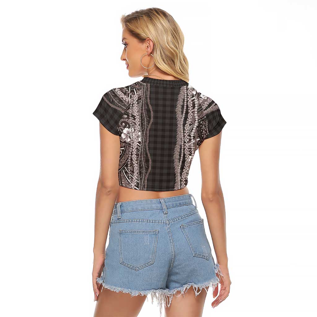 Hawaiian Art Flower Tribal with Lei Raglan Cropped T Shirt Palaka Pattern Grayscale - Polynesian Pride