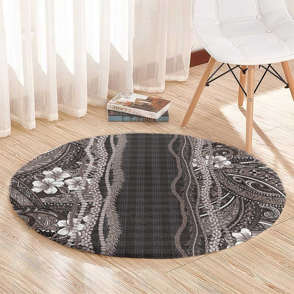 Hawaiian Art Flower Tribal with Lei Round Carpet Palaka Pattern Grayscale - Polynesian Pride