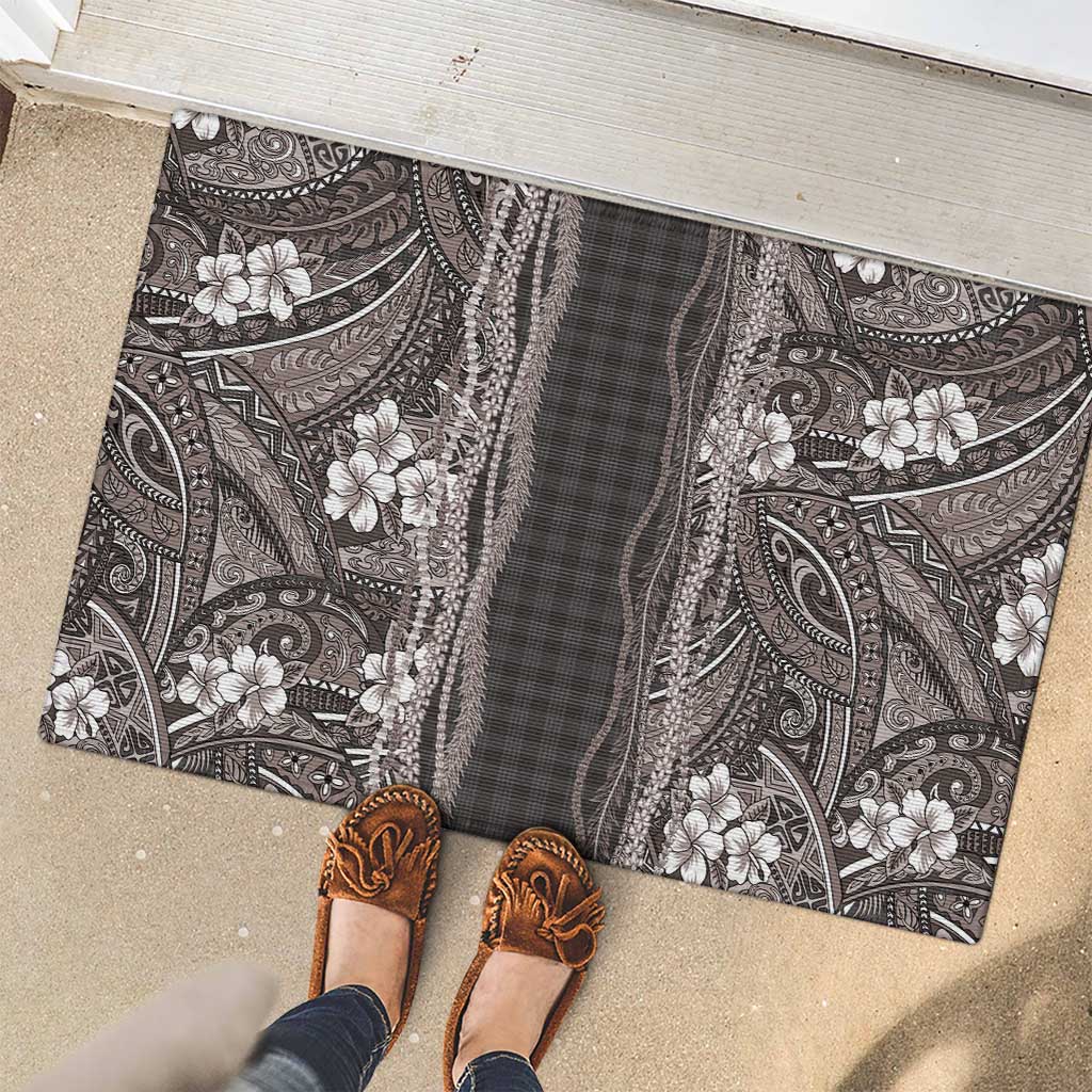 Hawaiian Art Flower Tribal with Lei Rubber Doormat Palaka Pattern Grayscale LT03 - Polynesian Pride