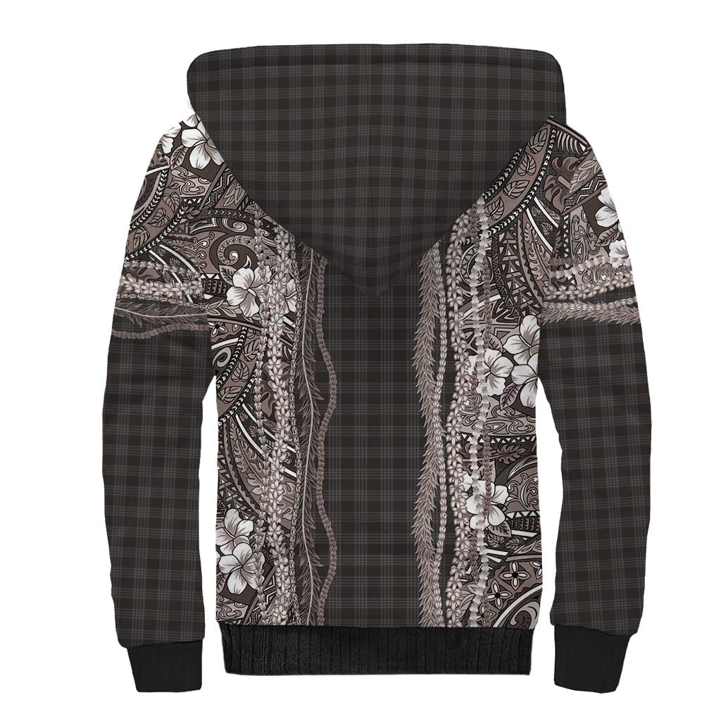 Hawaiian Art Flower Tribal with Lei Sherpa Hoodie Palaka Pattern Grayscale - Polynesian Pride