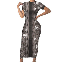 Hawaiian Art Flower Tribal with Lei Short Sleeve Bodycon Dress Palaka Pattern Grayscale - Polynesian Pride