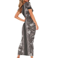 Hawaiian Art Flower Tribal with Lei Short Sleeve Bodycon Dress Palaka Pattern Grayscale - Polynesian Pride