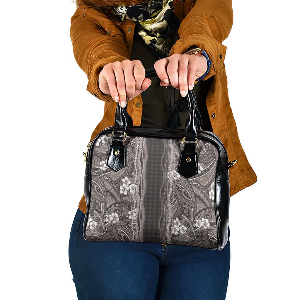 Hawaiian Art Flower Tribal with Lei Shoulder Handbag Palaka Pattern Grayscale LT03 One Size Gray - Polynesian Pride