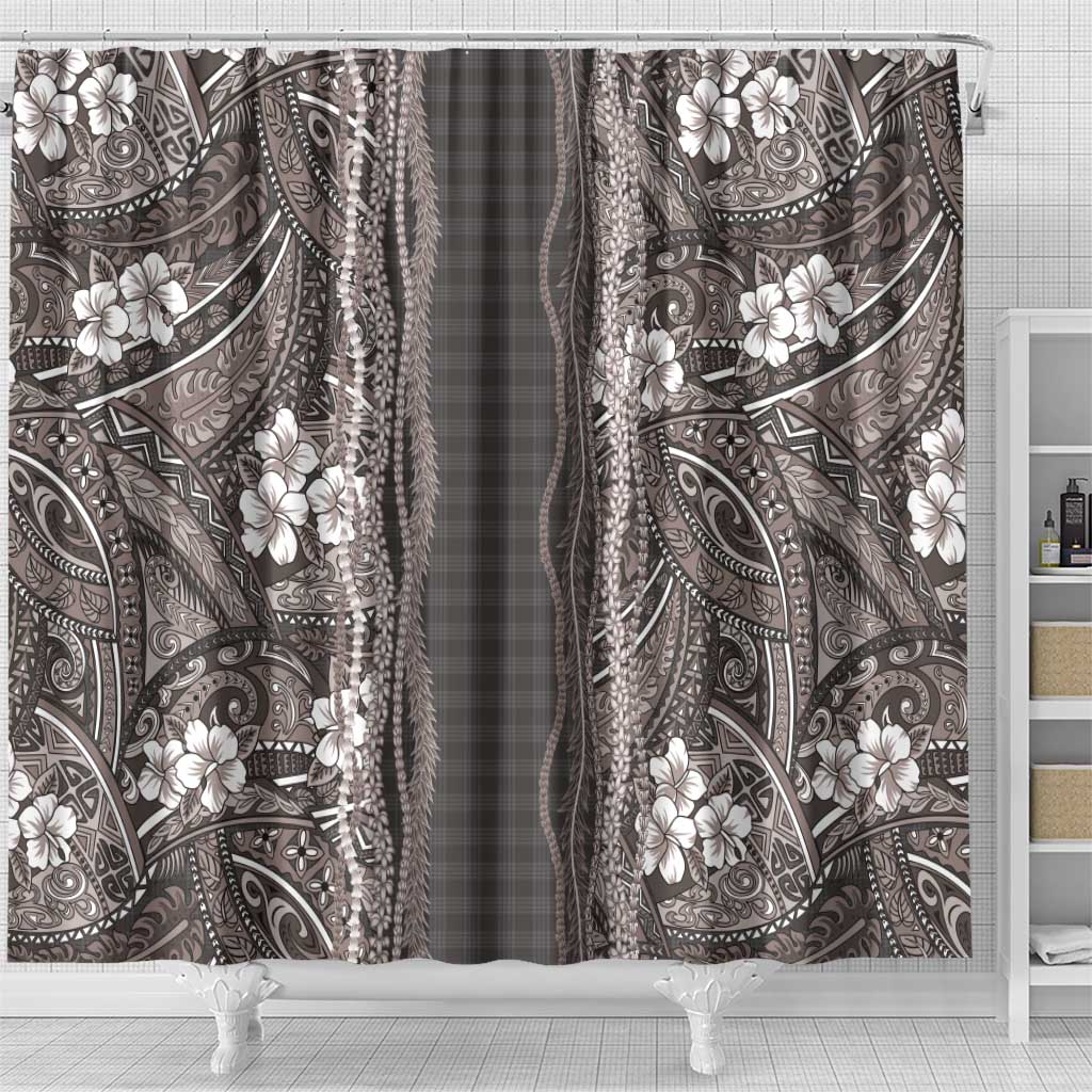 Hawaiian Art Flower Tribal with Lei Shower Curtain Palaka Pattern Grayscale - Polynesian Pride