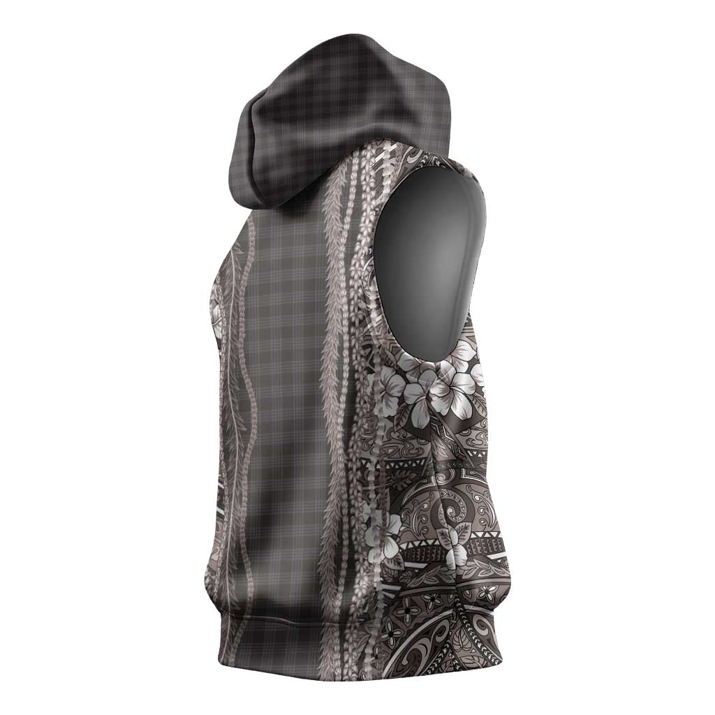 Hawaiian Art Flower Tribal with Lei Sleeveless Hoodie Palaka Pattern Grayscale LT03 - Polynesian Pride
