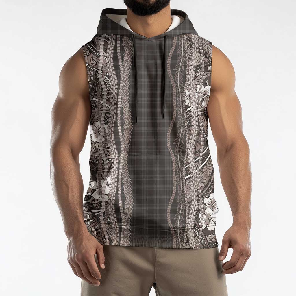 Hawaiian Art Flower Tribal with Lei Sleeveless Hoodie Palaka Pattern Grayscale LT03 - Polynesian Pride