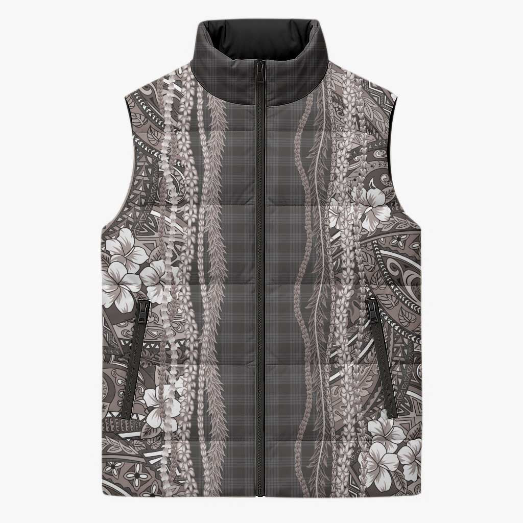 Hawaiian Art Flower Tribal with Lei Sleeveless Puffer Jacket Palaka Pattern Grayscale LT03 Unisex Gray - Polynesian Pride