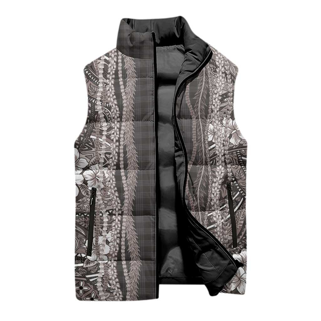 Hawaiian Art Flower Tribal with Lei Sleeveless Puffer Jacket Palaka Pattern Grayscale LT03 - Polynesian Pride