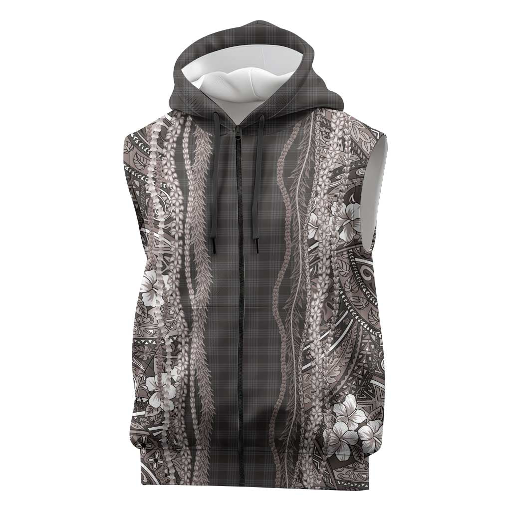 Hawaiian Art Flower Tribal with Lei Sleeveless Zip Hoodie Palaka Pattern Grayscale LT03 Gray - Polynesian Pride
