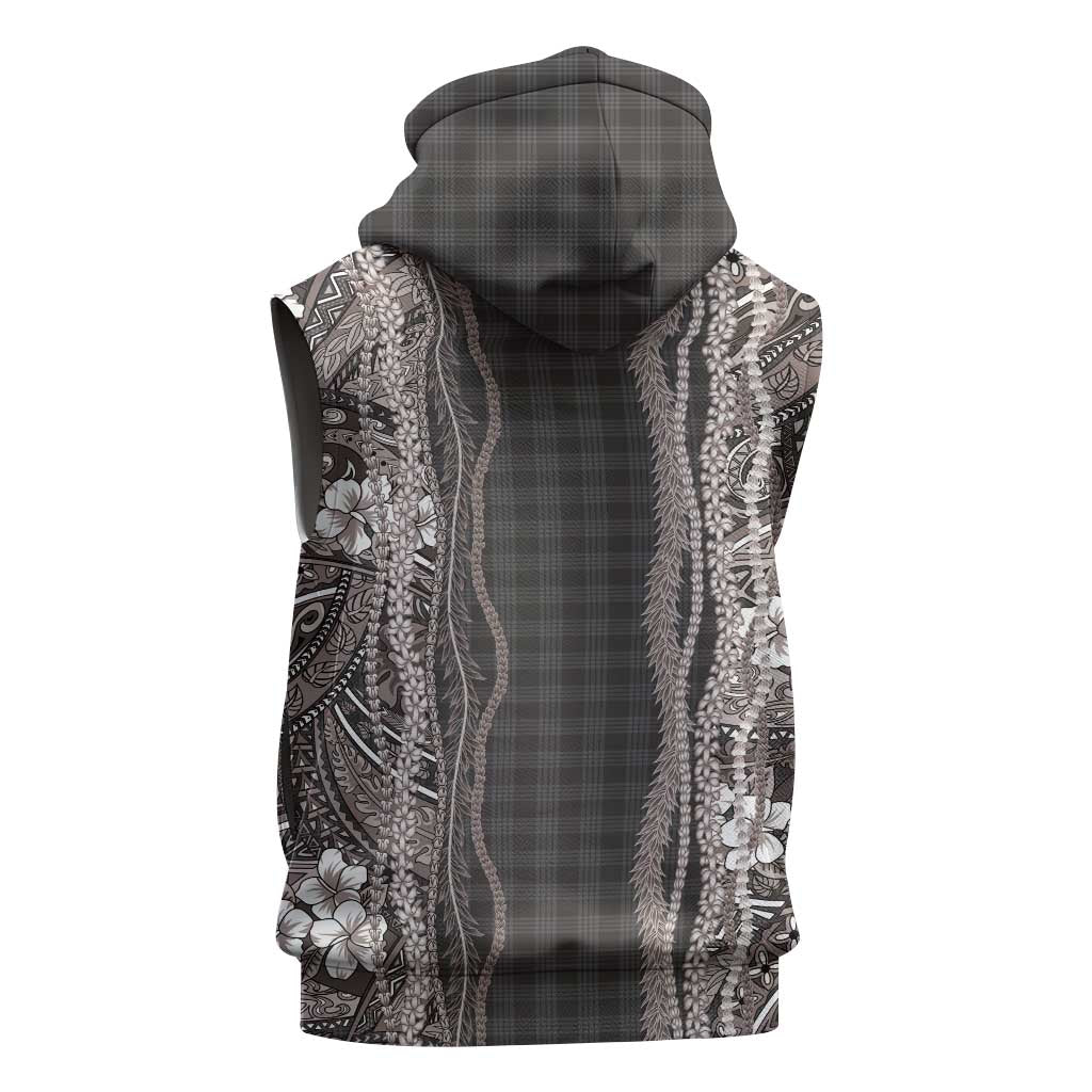 Hawaiian Art Flower Tribal with Lei Sleeveless Zip Hoodie Palaka Pattern Grayscale LT03 - Polynesian Pride