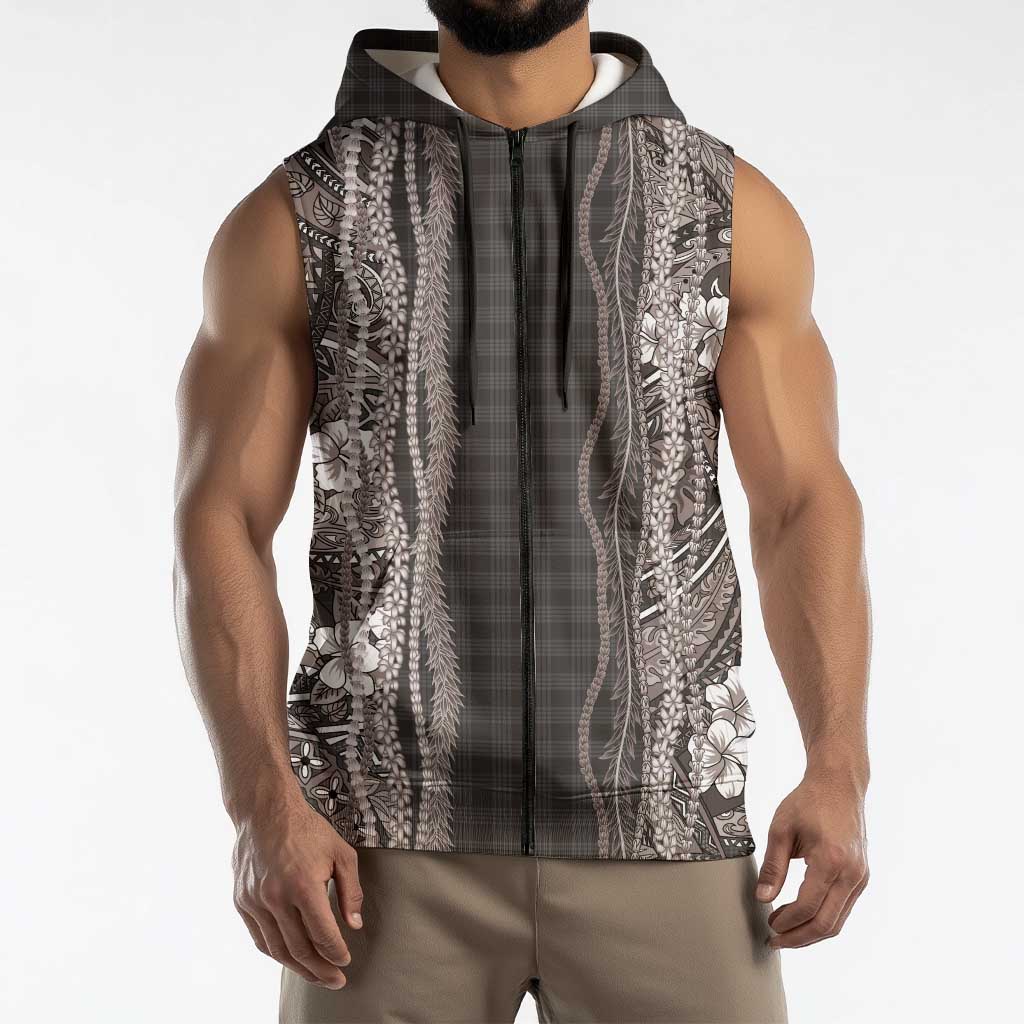 Hawaiian Art Flower Tribal with Lei Sleeveless Zip Hoodie Palaka Pattern Grayscale LT03 - Polynesian Pride