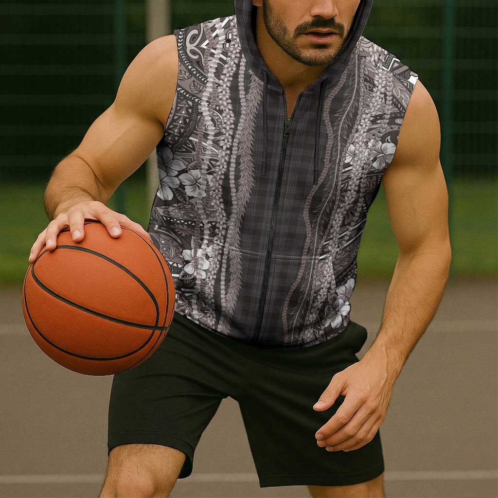 Hawaiian Art Flower Tribal with Lei Sleeveless Zip Hoodie Palaka Pattern Grayscale LT03 - Polynesian Pride