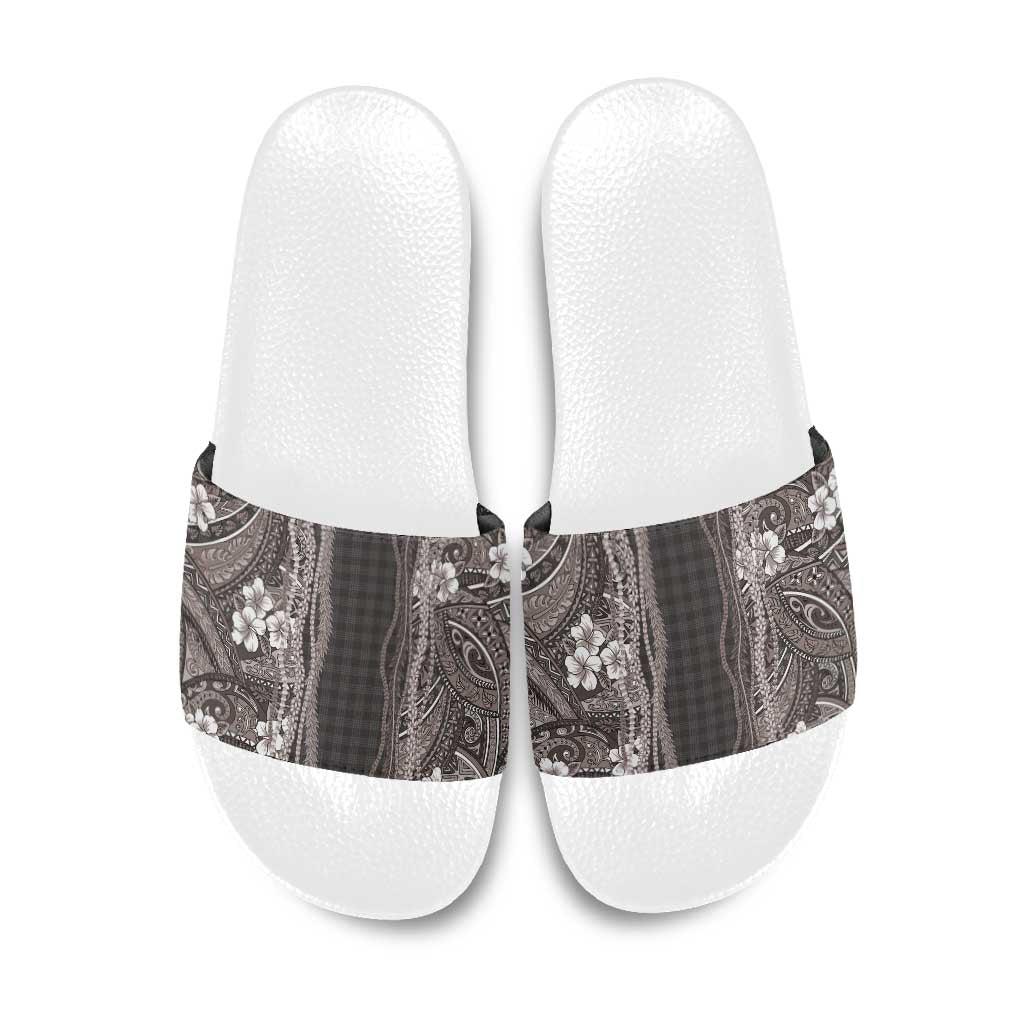 Hawaiian Art Flower Tribal with Lei Slide Sandals Palaka Pattern Grayscale - Polynesian Pride