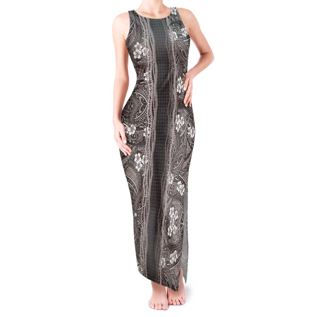 Hawaiian Art Flower Tribal with Lei Tank Maxi Dress Palaka Pattern Grayscale - Polynesian Pride