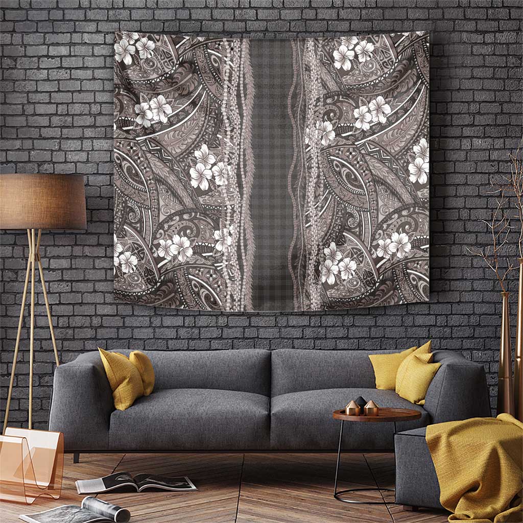 Hawaiian Art Flower Tribal with Lei Tapestry Palaka Pattern Grayscale - Polynesian Pride