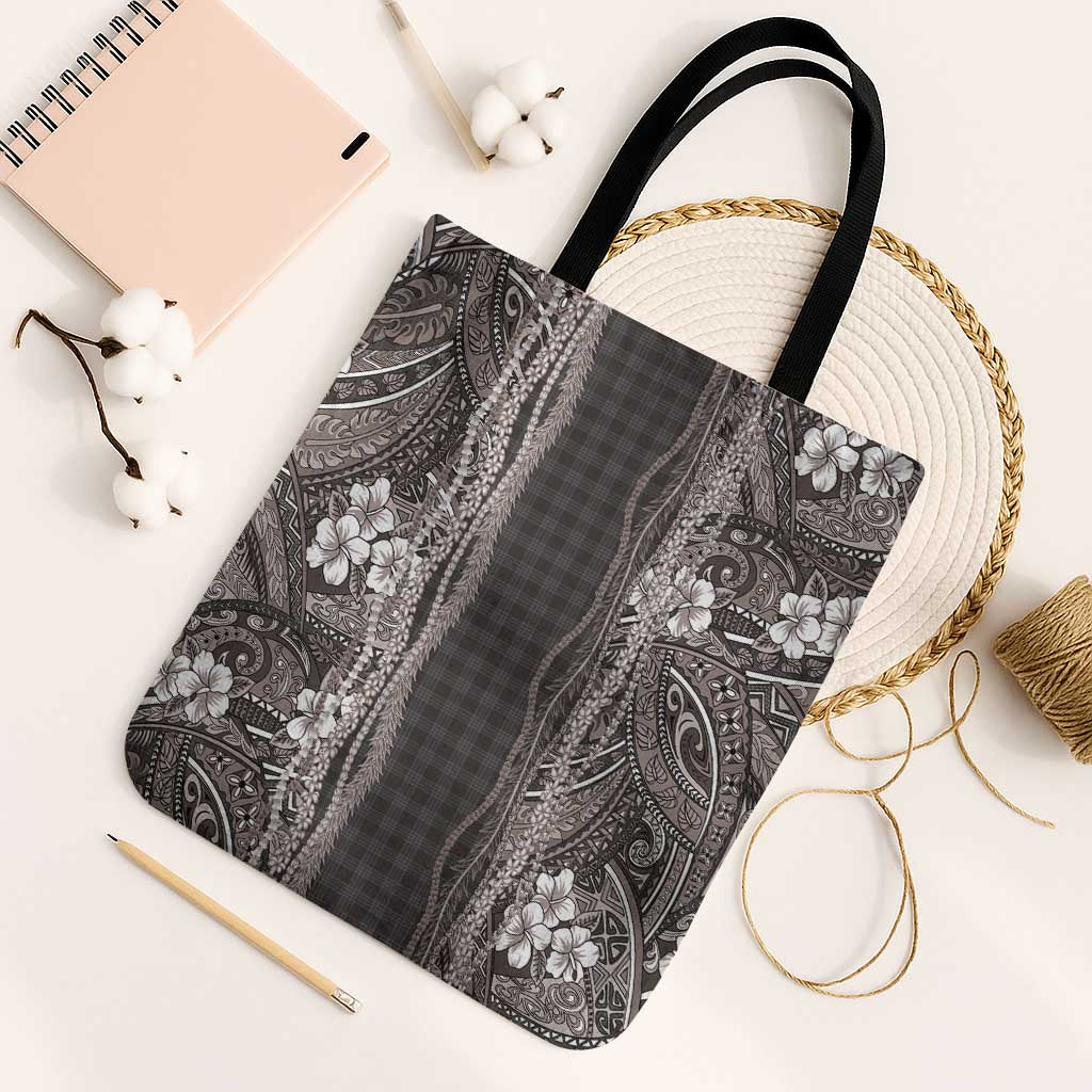 Hawaiian Art Flower Tribal with Lei Tote Bag Palaka Pattern Grayscale - Polynesian Pride