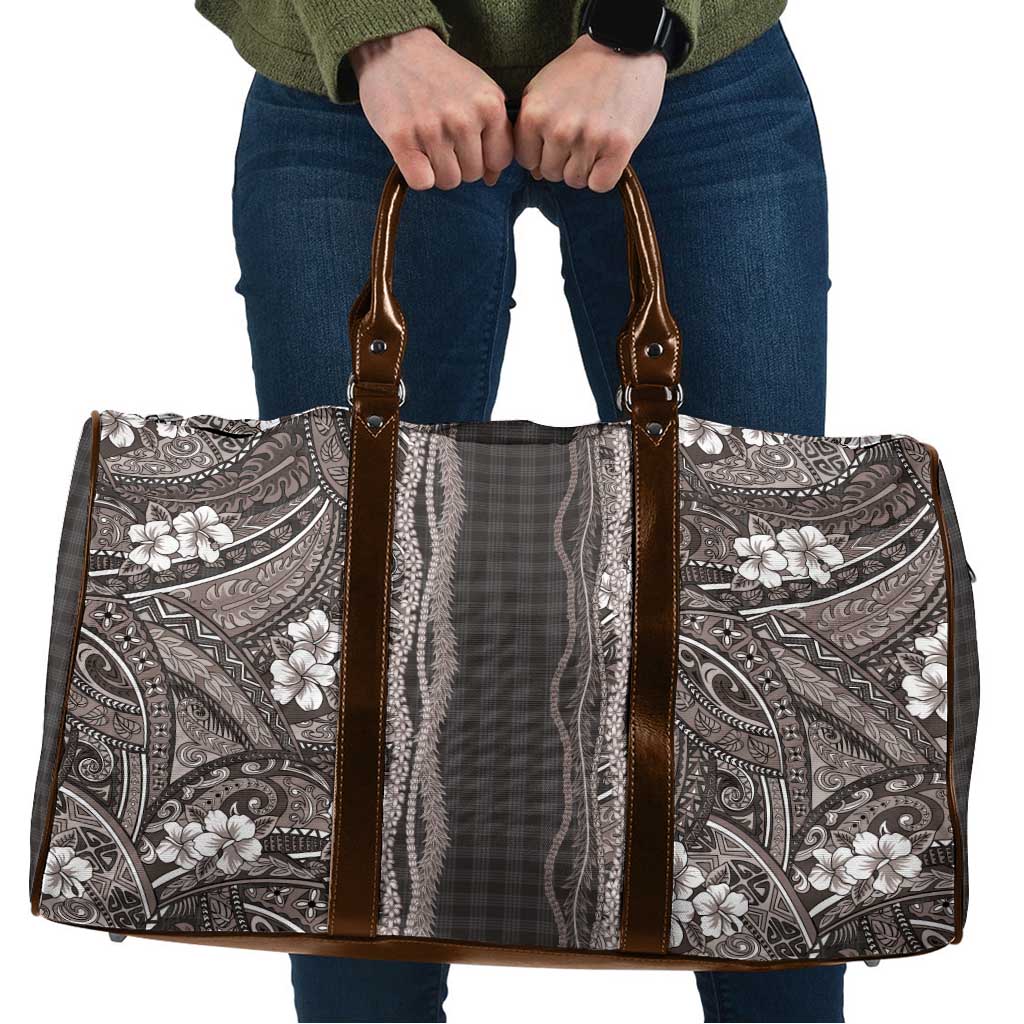 Hawaiian Art Flower Tribal with Lei Travel Bag Palaka Pattern Grayscale - Polynesian Pride