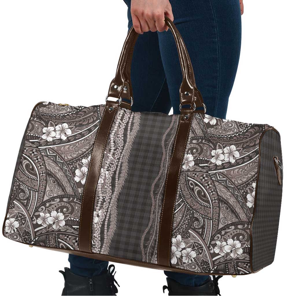 Hawaiian Art Flower Tribal with Lei Travel Bag Palaka Pattern Grayscale - Polynesian Pride