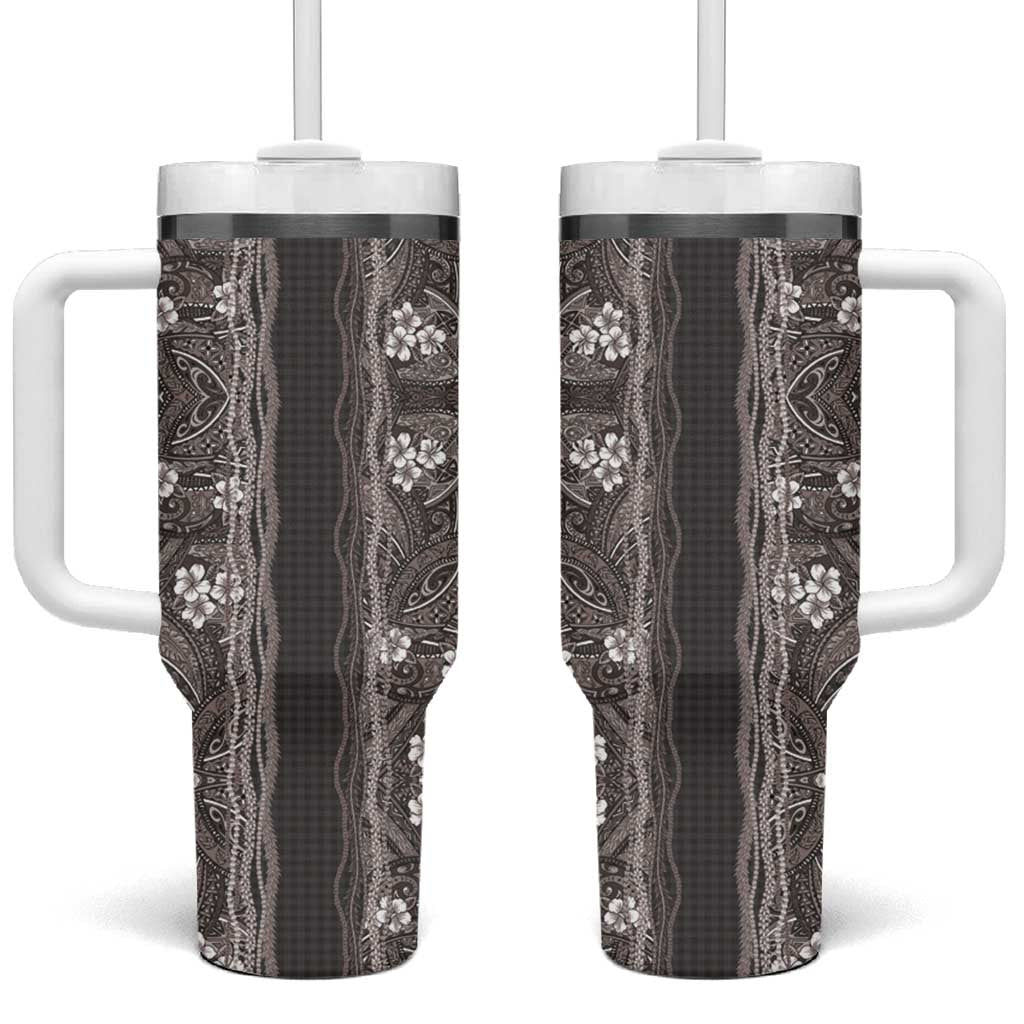 Hawaiian Art Flower Tribal with Lei Tumbler With Handle Palaka Pattern Grayscale - Polynesian Pride