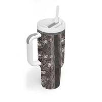 Hawaiian Art Flower Tribal with Lei Tumbler With Handle Palaka Pattern Grayscale - Polynesian Pride