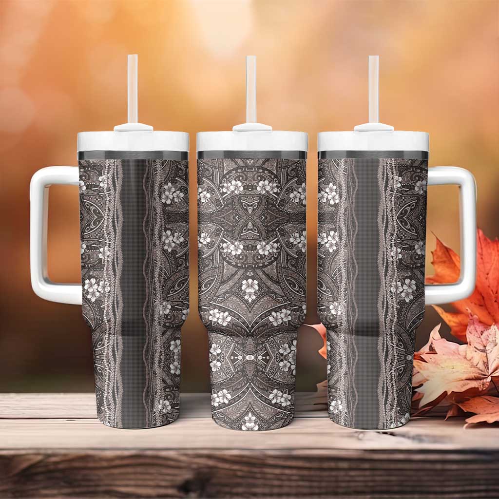 Hawaiian Art Flower Tribal with Lei Tumbler With Handle Palaka Pattern Grayscale - Polynesian Pride