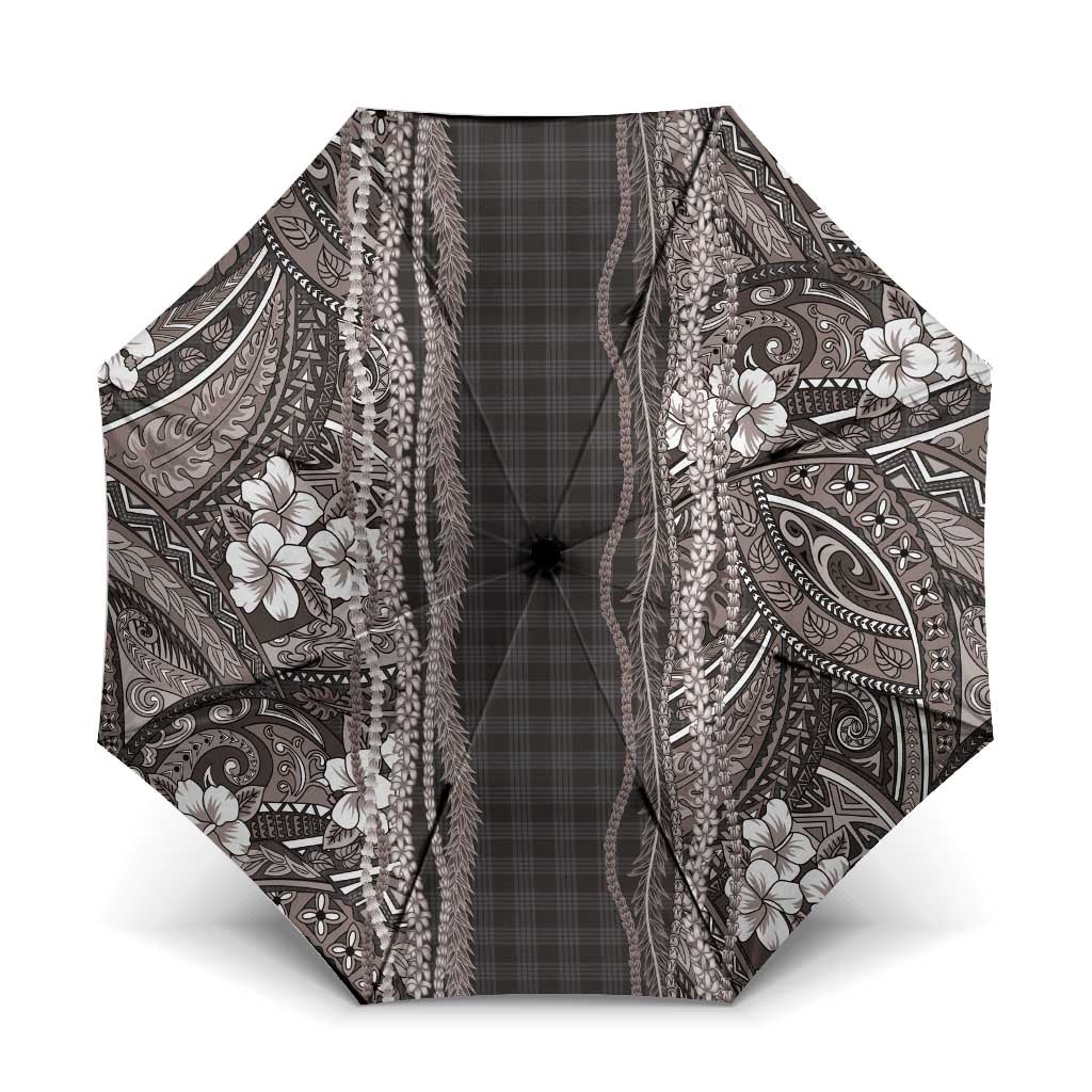 Hawaiian Art Flower Tribal with Lei Umbrella Palaka Pattern Grayscale LT03 One Size Folded 11.42 inch Opened Diameter 37.4 inch Gray - Polynesian Pride