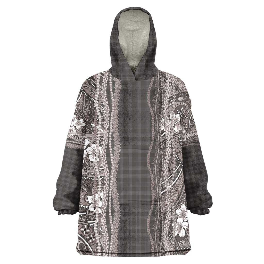 Hawaiian Art Flower Tribal with Lei Wearable Blanket Hoodie Palaka Pattern Grayscale LT03 One Size Gray - Polynesian Pride