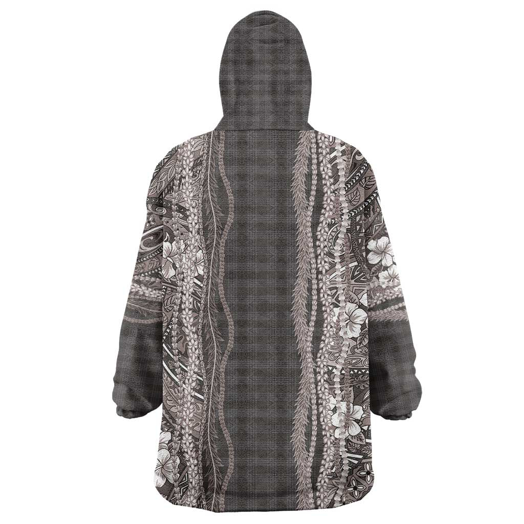 Hawaiian Art Flower Tribal with Lei Wearable Blanket Hoodie Palaka Pattern Grayscale LT03 - Polynesian Pride