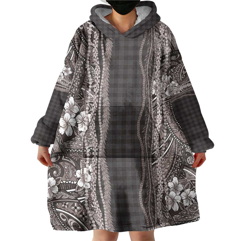 Hawaiian Art Flower Tribal with Lei Wearable Blanket Hoodie Palaka Pattern Grayscale LT03 - Polynesian Pride
