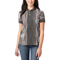 Hawaiian Art Flower Tribal with Lei Women Polo Shirt Palaka Pattern Grayscale - Polynesian Pride