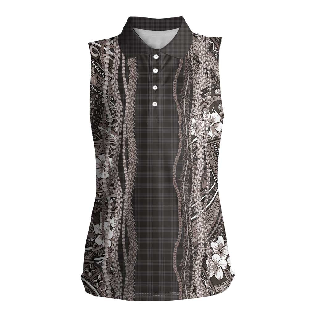 Hawaiian Art Flower Tribal with Lei Women Sleeveless Polo Shirt Palaka Pattern Grayscale LT03 Female Gray - Polynesian Pride