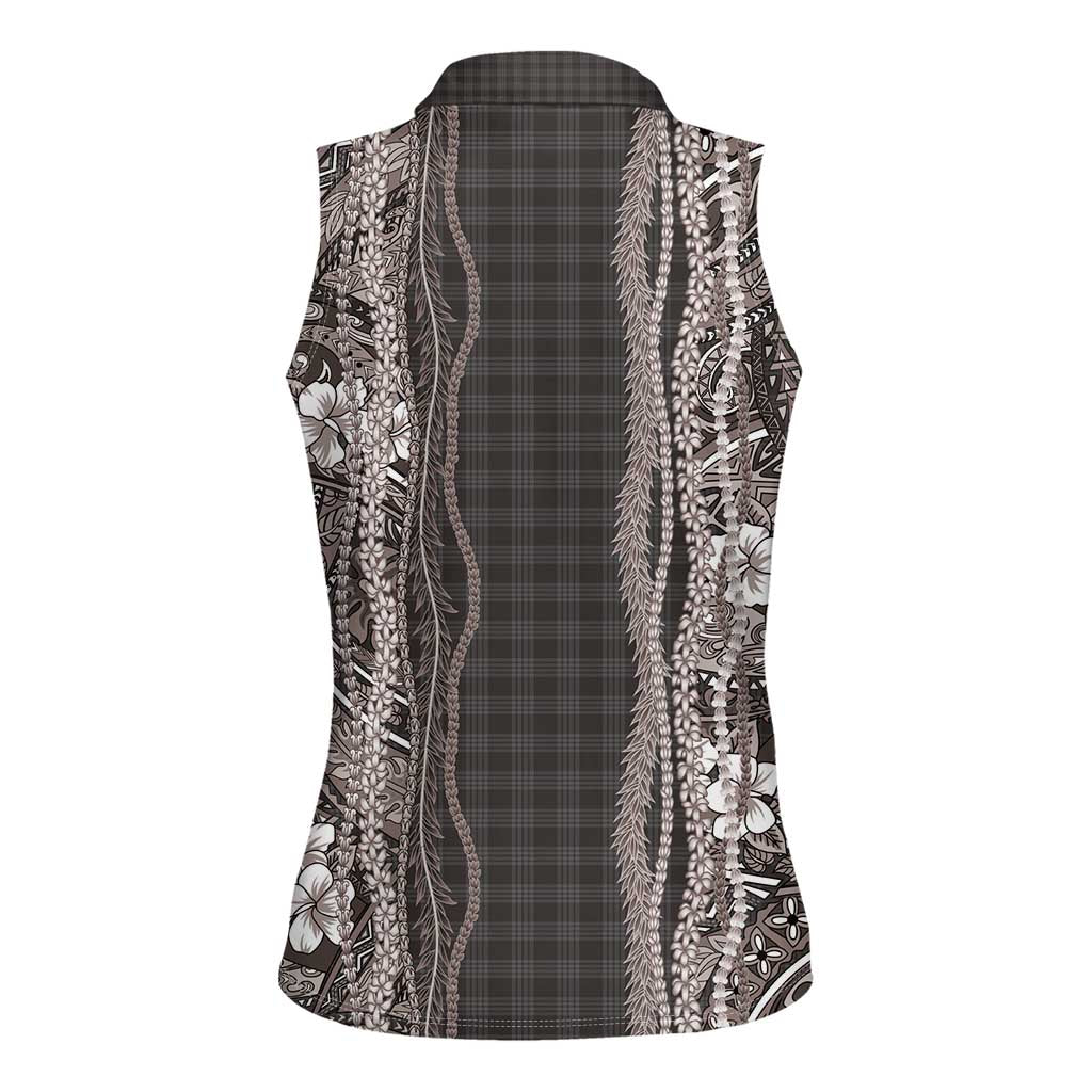 Hawaiian Art Flower Tribal with Lei Women Sleeveless Polo Shirt Palaka Pattern Grayscale LT03 - Polynesian Pride