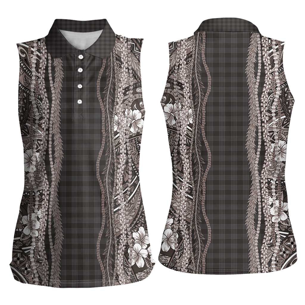 Hawaiian Art Flower Tribal with Lei Women Sleeveless Polo Shirt Palaka Pattern Grayscale LT03 - Polynesian Pride