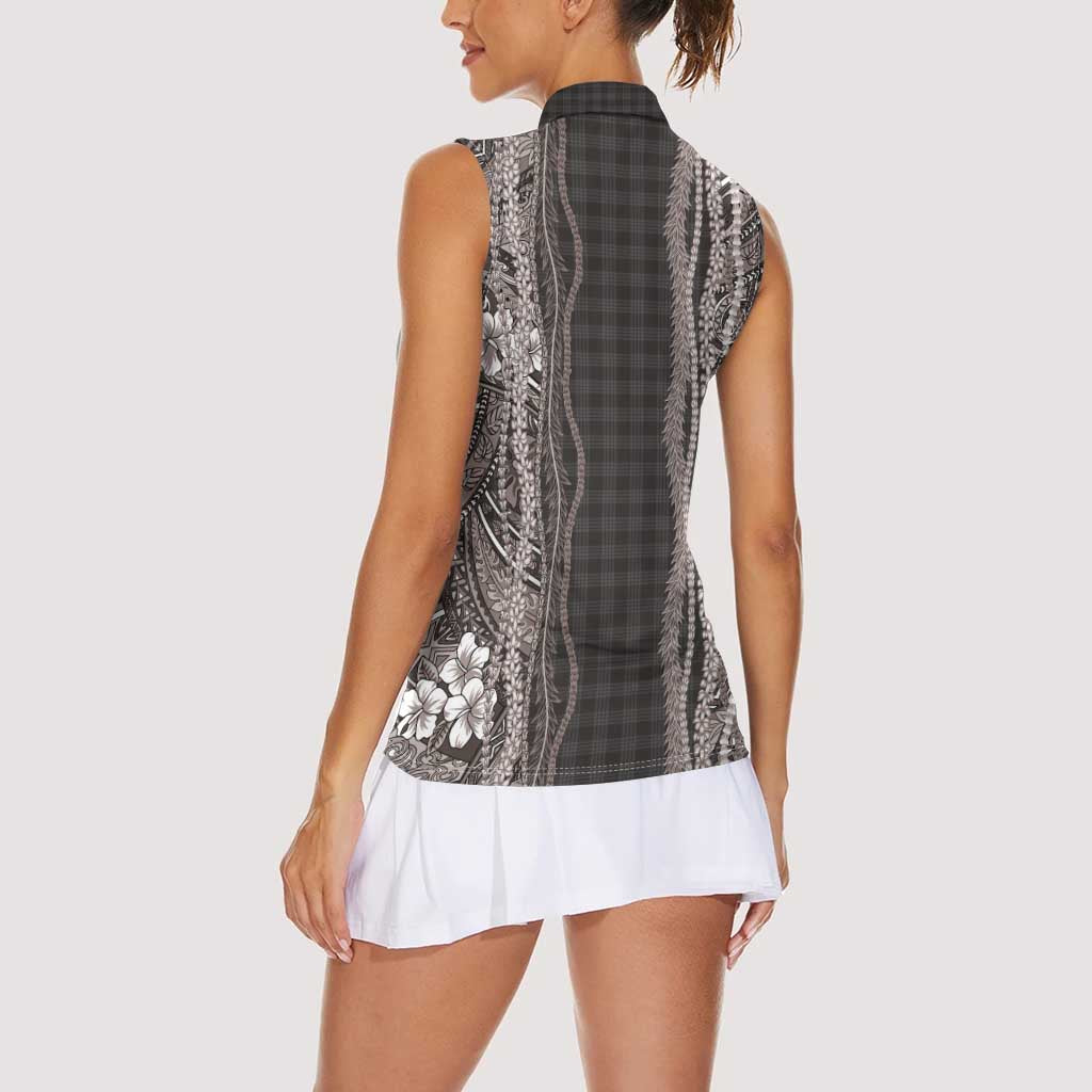 Hawaiian Art Flower Tribal with Lei Women Sleeveless Polo Shirt Palaka Pattern Grayscale LT03 - Polynesian Pride