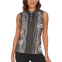 Hawaiian Art Flower Tribal with Lei Women Sleeveless Polo Shirt Palaka Pattern Grayscale LT03 - Polynesian Pride