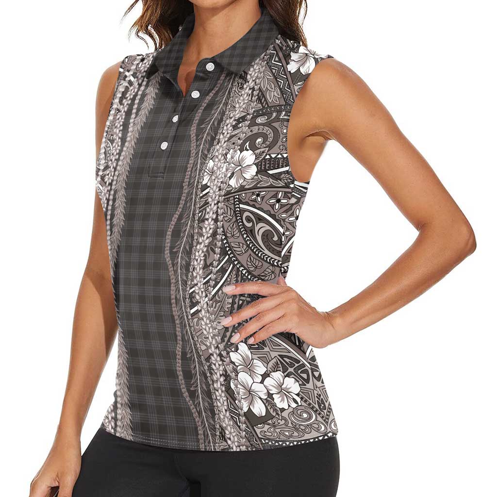 Hawaiian Art Flower Tribal with Lei Women Sleeveless Polo Shirt Palaka Pattern Grayscale LT03 - Polynesian Pride
