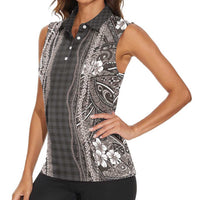 Hawaiian Art Flower Tribal with Lei Women Sleeveless Polo Shirt Palaka Pattern Grayscale LT03 - Polynesian Pride
