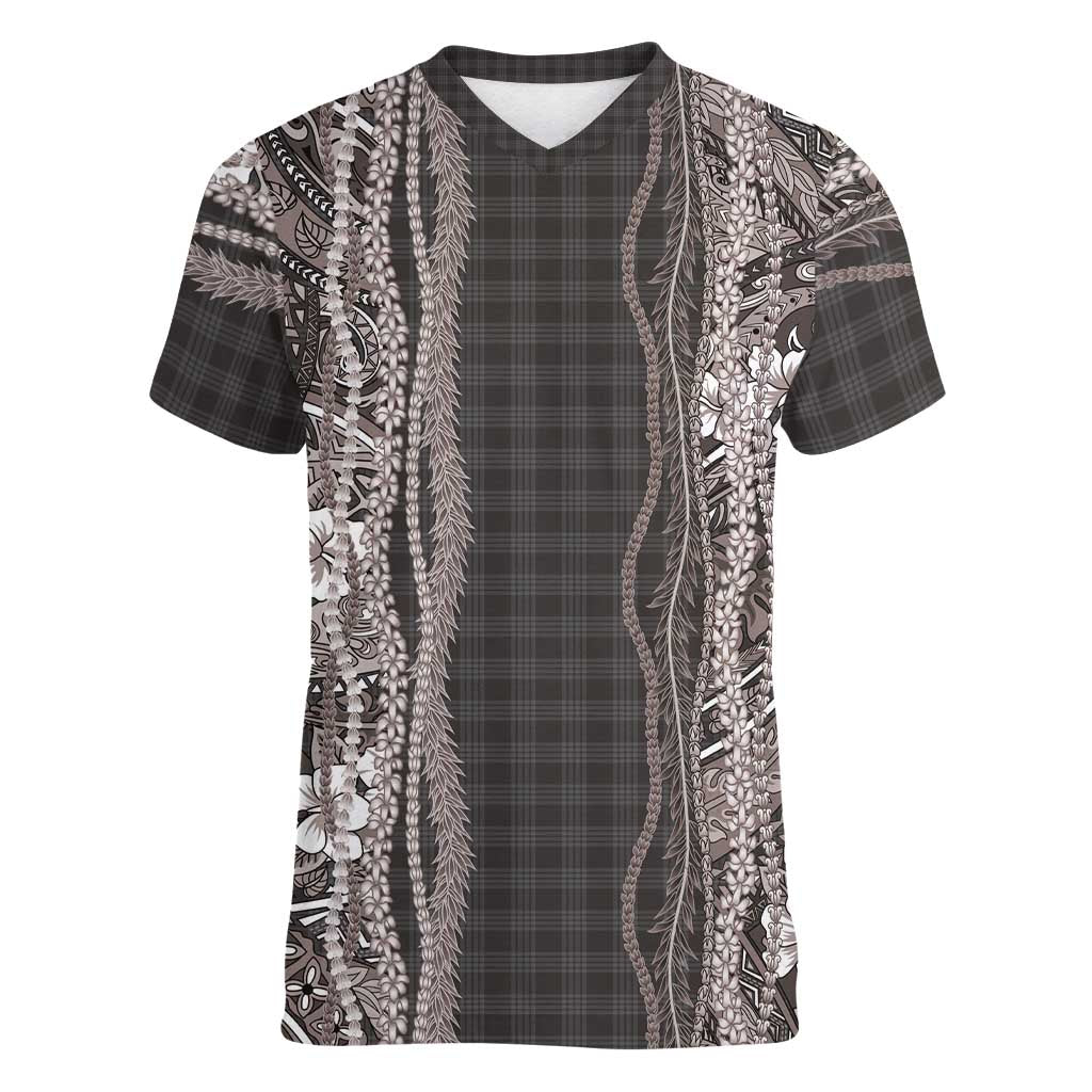Hawaiian Art Flower Tribal with Lei Women V-Neck T-Shirt Palaka Pattern Grayscale LT03 Female Gray - Polynesian Pride