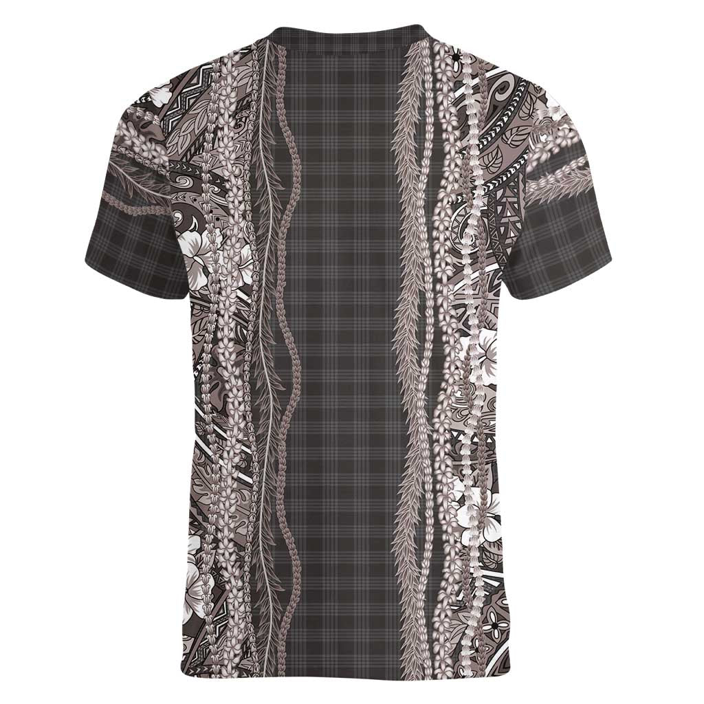 Hawaiian Art Flower Tribal with Lei Women V-Neck T-Shirt Palaka Pattern Grayscale LT03 - Polynesian Pride