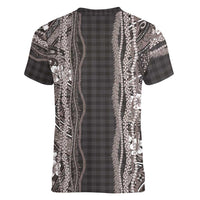 Hawaiian Art Flower Tribal with Lei Women V-Neck T-Shirt Palaka Pattern Grayscale LT03 - Polynesian Pride