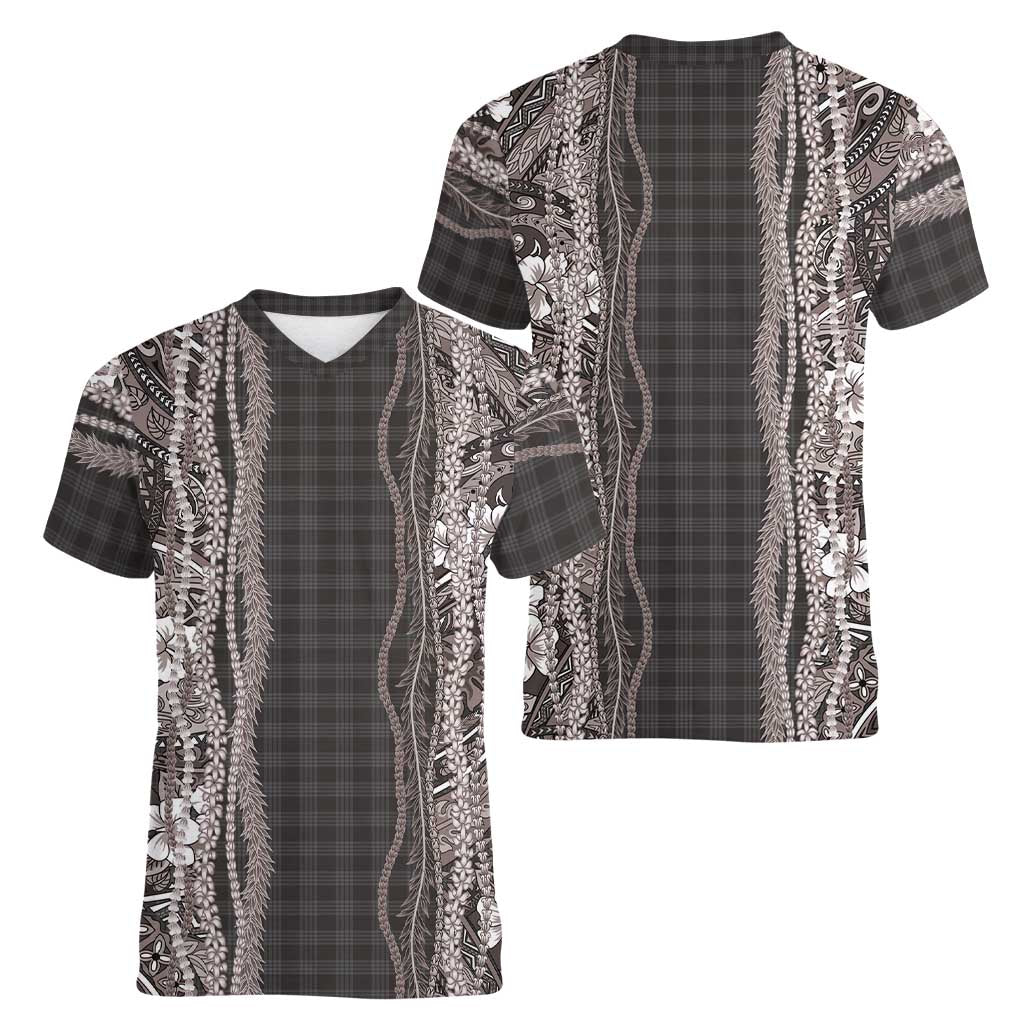 Hawaiian Art Flower Tribal with Lei Women V-Neck T-Shirt Palaka Pattern Grayscale LT03 - Polynesian Pride