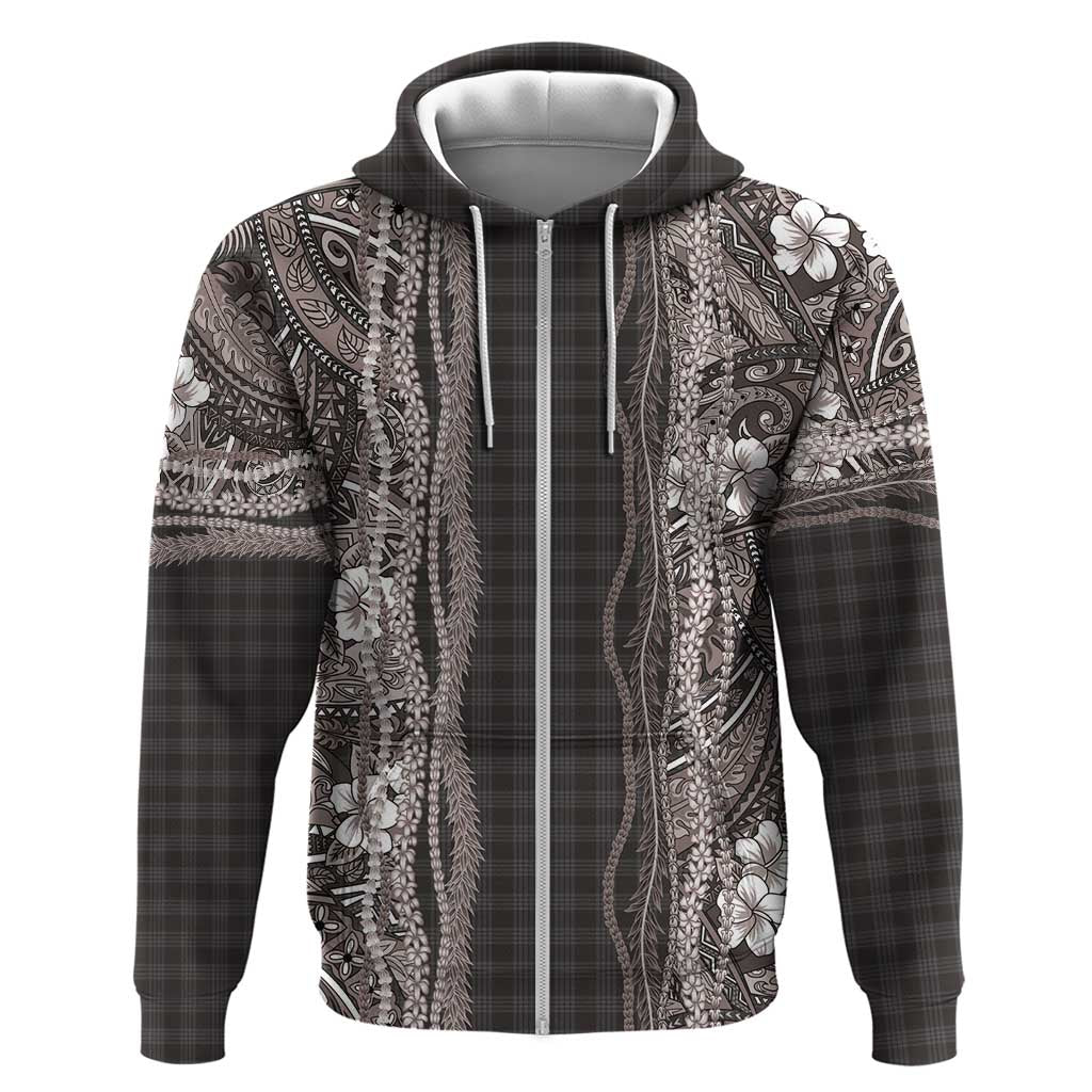 Hawaiian Art Flower Tribal with Lei Zip Hoodie Palaka Pattern Grayscale LT03 Zip Hoodie Gray - Polynesian Pride