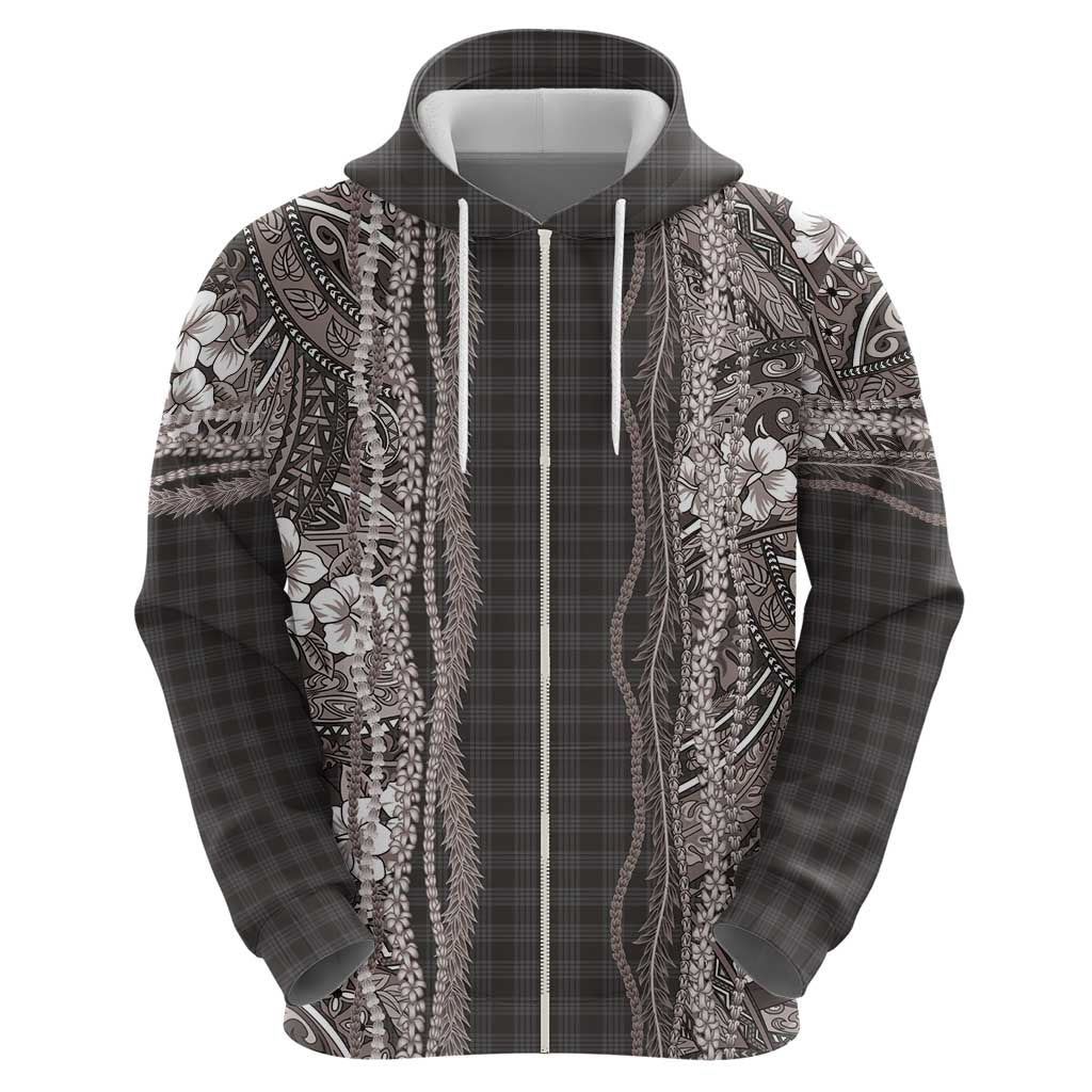Hawaiian Art Flower Tribal with Lei Zip Hoodie Palaka Pattern Grayscale LT03 - Polynesian Pride