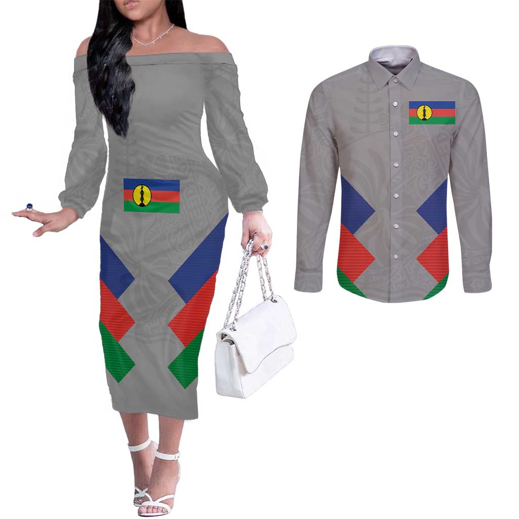 Custom New Caledonia-The Kagus Couples Matching Off The Shoulder Long Sleeve Dress and Long Sleeve Button Shirt