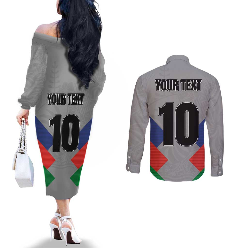 Custom New Caledonia-The Kagus Couples Matching Off The Shoulder Long Sleeve Dress and Long Sleeve Button Shirt