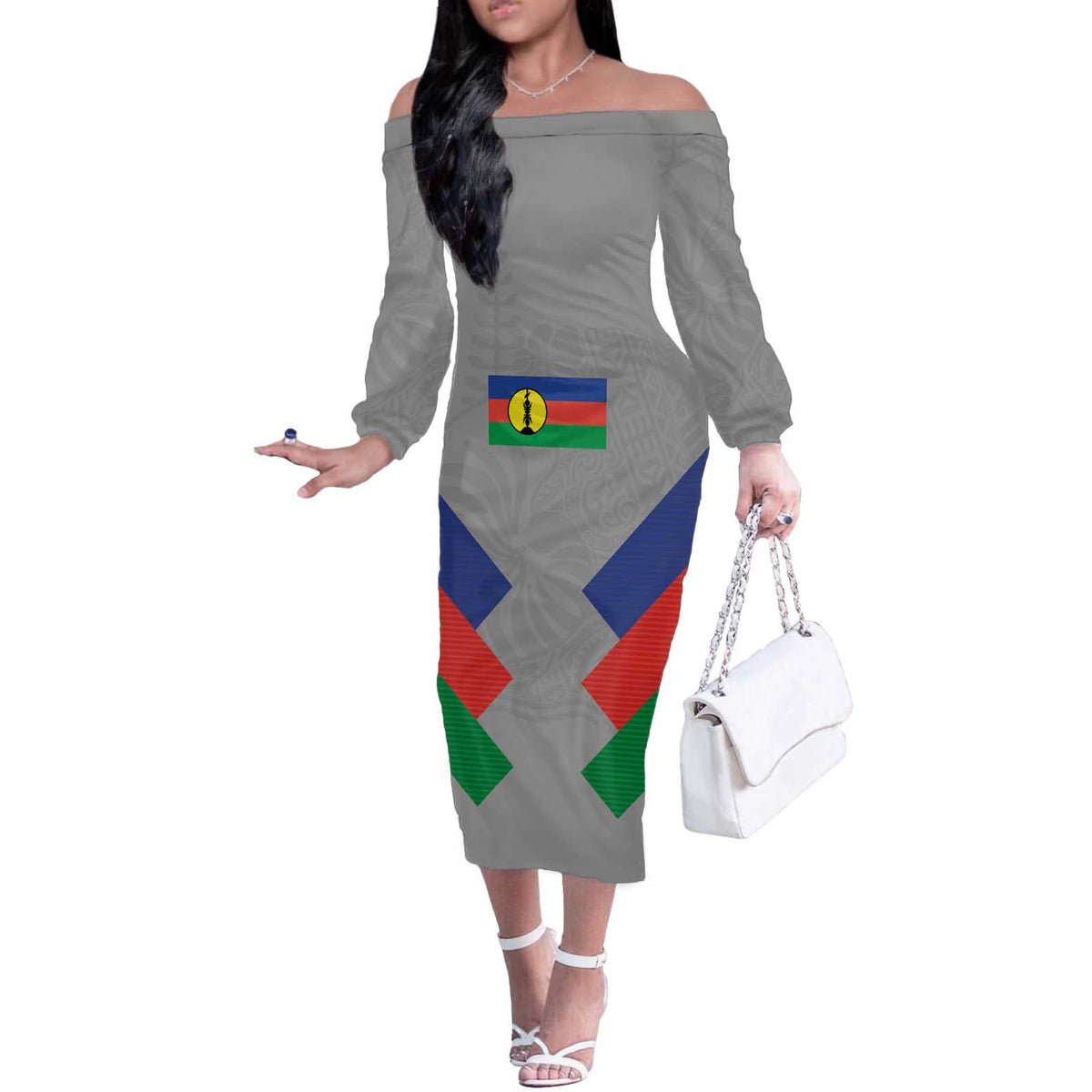 Custom New Caledonia-The Kagus Off The Shoulder Long Sleeve Dress