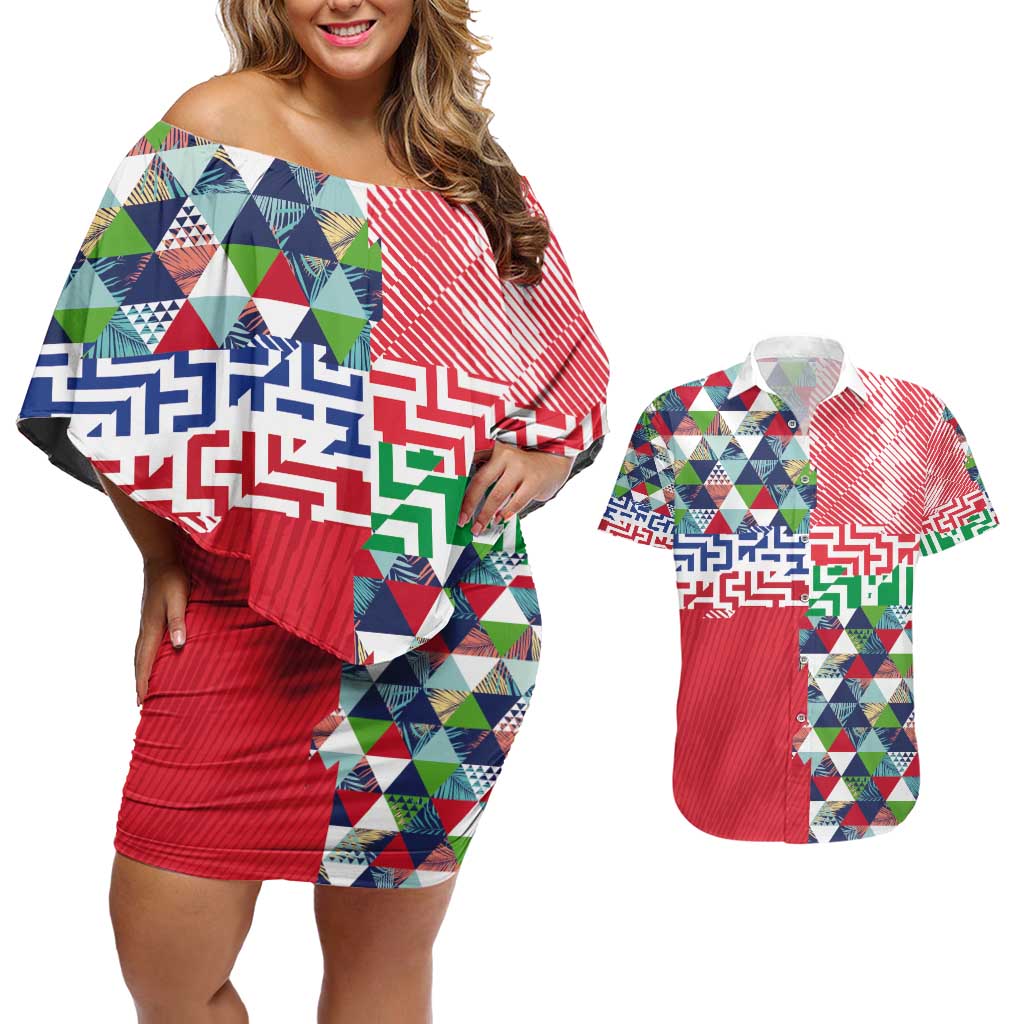 Hawaiian Floral Kakau Tropical Leaves-Sporty Style Couples Matching Off Shoulder Short Dress and Hawaiian Shirt