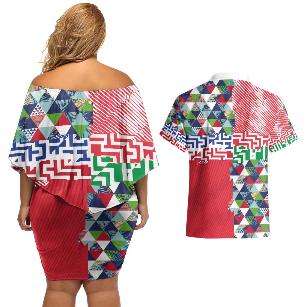 Hawaiian Floral Kakau Tropical Leaves-Sporty Style Couples Matching Off Shoulder Short Dress and Hawaiian Shirt
