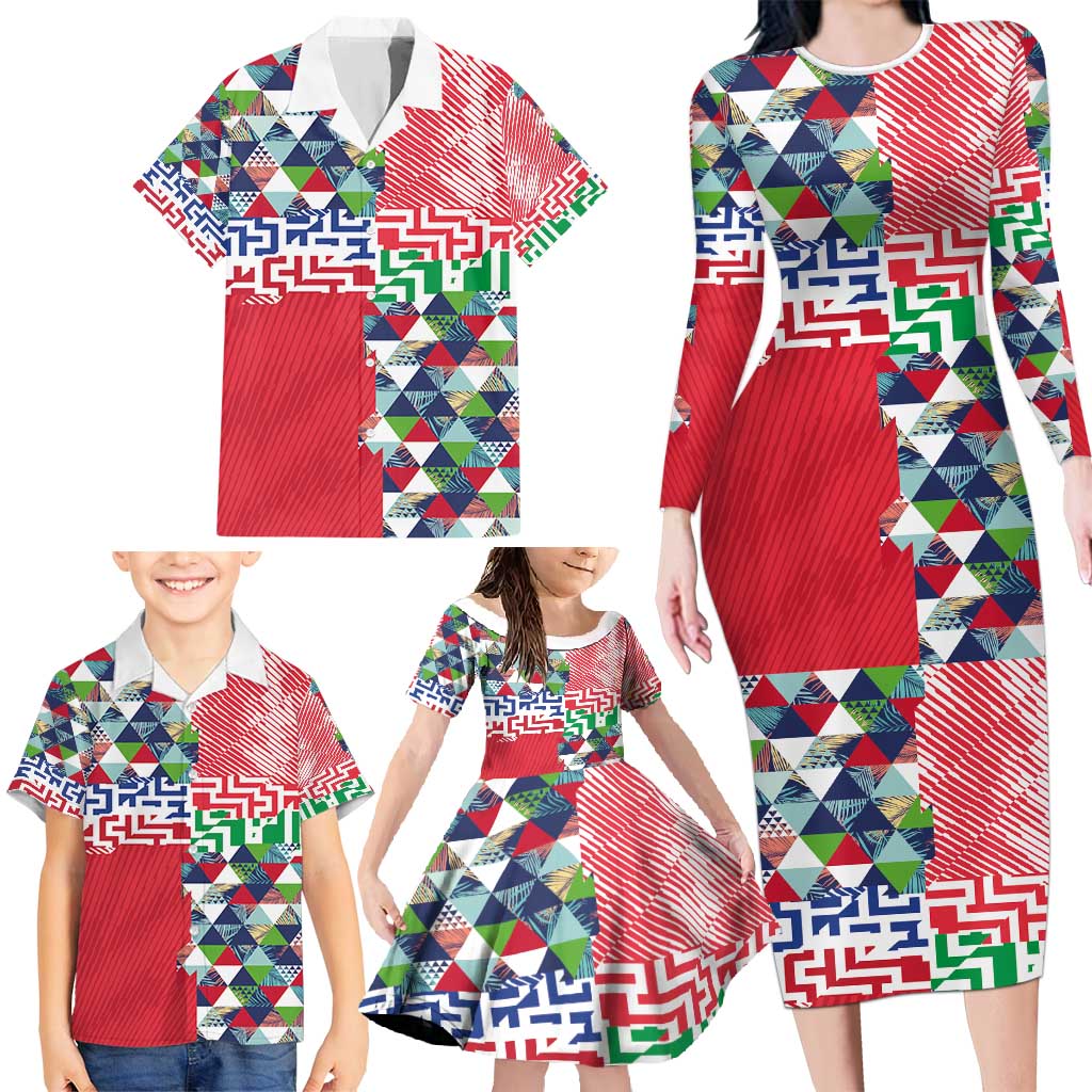 Hawaiian Floral Kakau Tropical Leaves-Sporty Style Family Matching Long Sleeve Bodycon Dress and Hawaiian Shirt