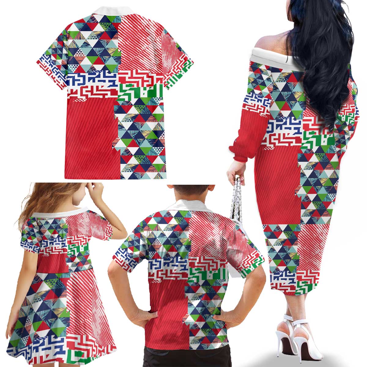 Hawaiian Floral Kakau Tropical Leaves-Sporty Style Family Matching Off The Shoulder Long Sleeve Dress and Hawaiian Shirt